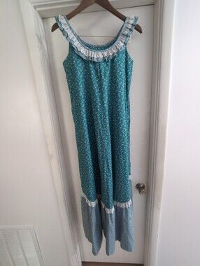 Vintage Hilda Hawaii Size 8 Medium Teal Floral Ruffle Maxi Dress Princess